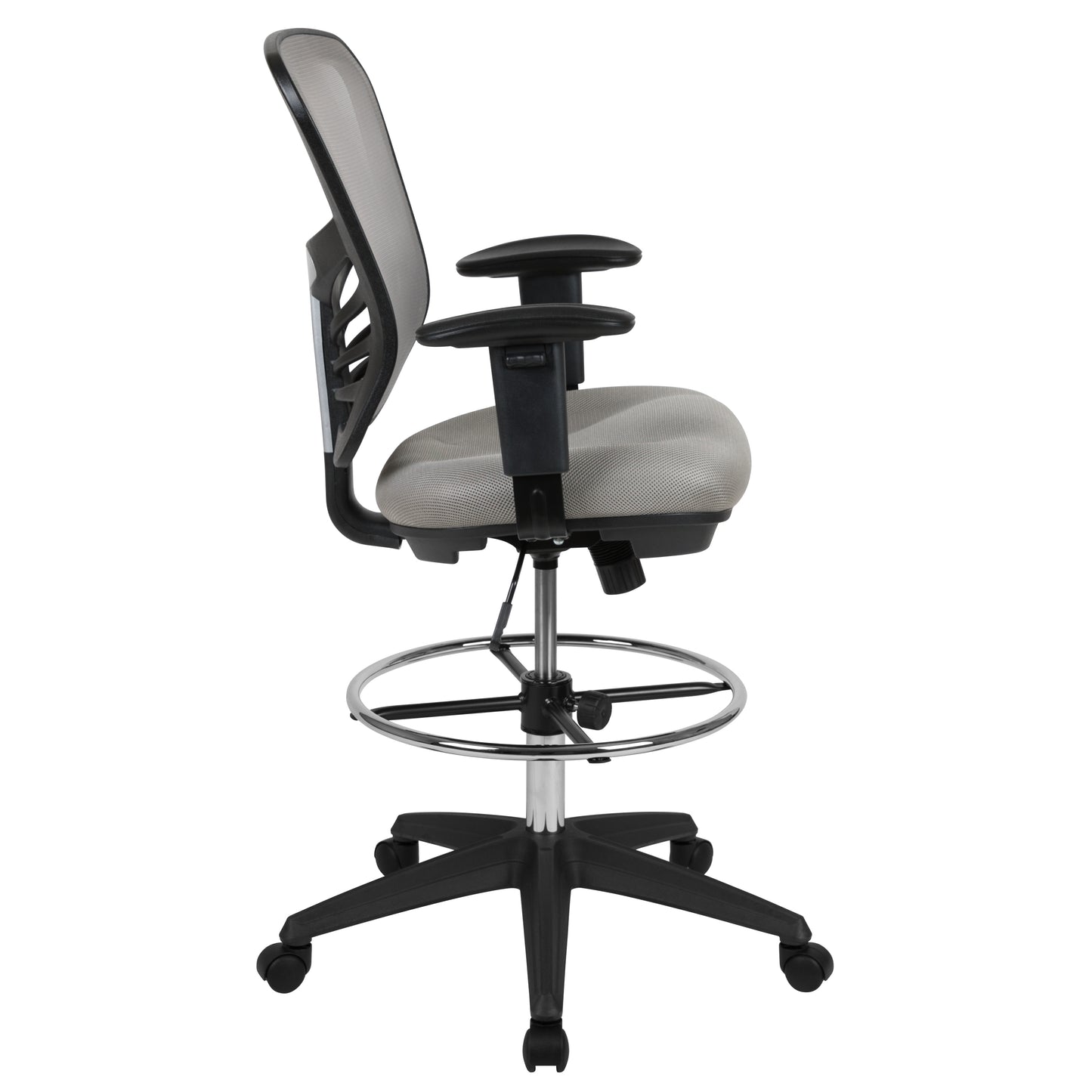 Tyler Mid-Back Light Gray Mesh Ergonomic Drafting Chair with Adjustable Chrome Foot Ring, Adjustable Arms and Black Frame Light Gray Mesh/Black Frame