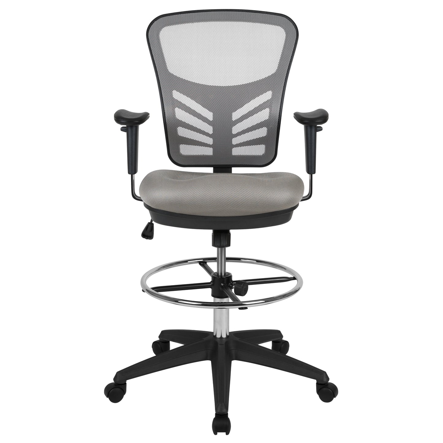 Tyler Mid-Back Light Gray Mesh Ergonomic Drafting Chair with Adjustable Chrome Foot Ring, Adjustable Arms and Black Frame Light Gray Mesh/Black Frame
