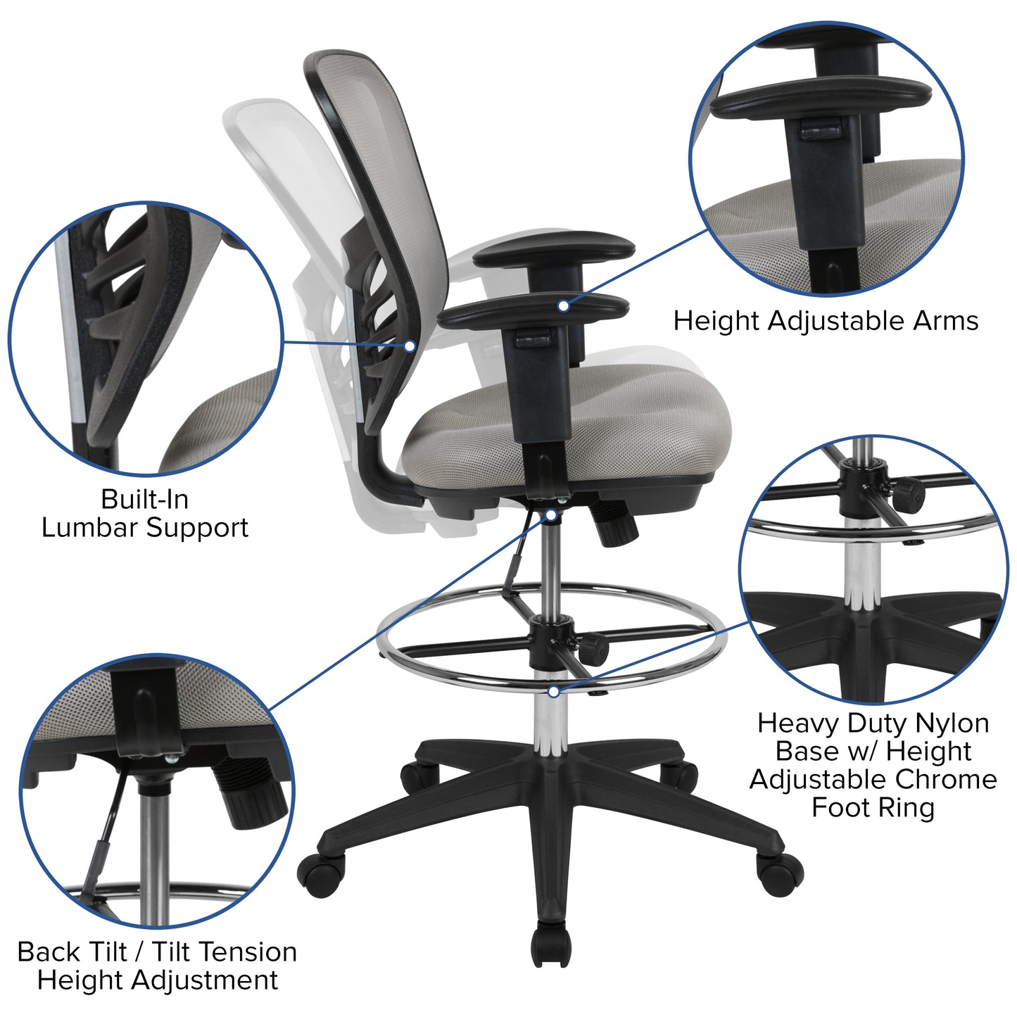 Tyler Mid-Back Light Gray Mesh Ergonomic Drafting Chair with Adjustable Chrome Foot Ring, Adjustable Arms and Black Frame Light Gray Mesh/Black Frame