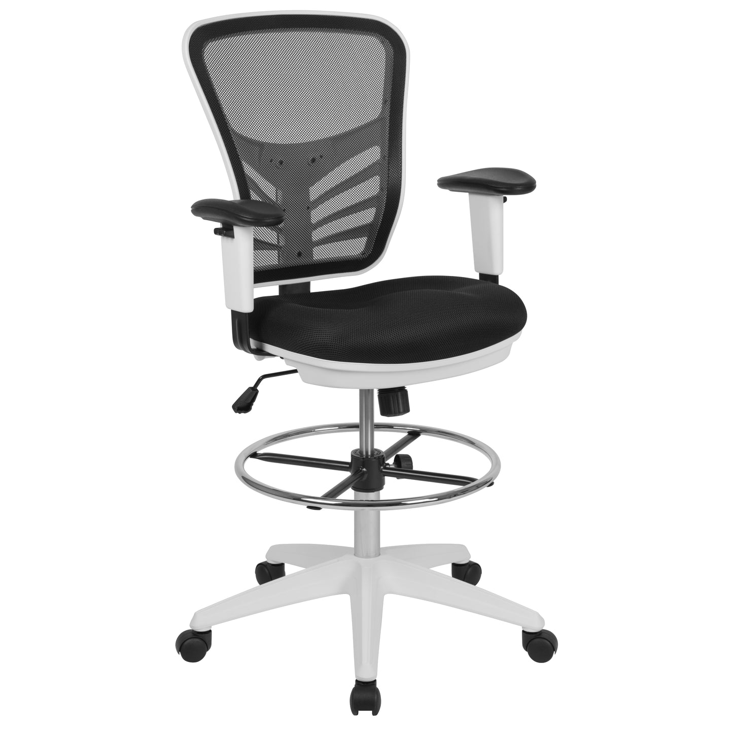 Tyler Mid-Back Black Mesh Ergonomic Drafting Chair with Adjustable Chrome Foot Ring, Adjustable Arms and White Frame Black Mesh/White Frame