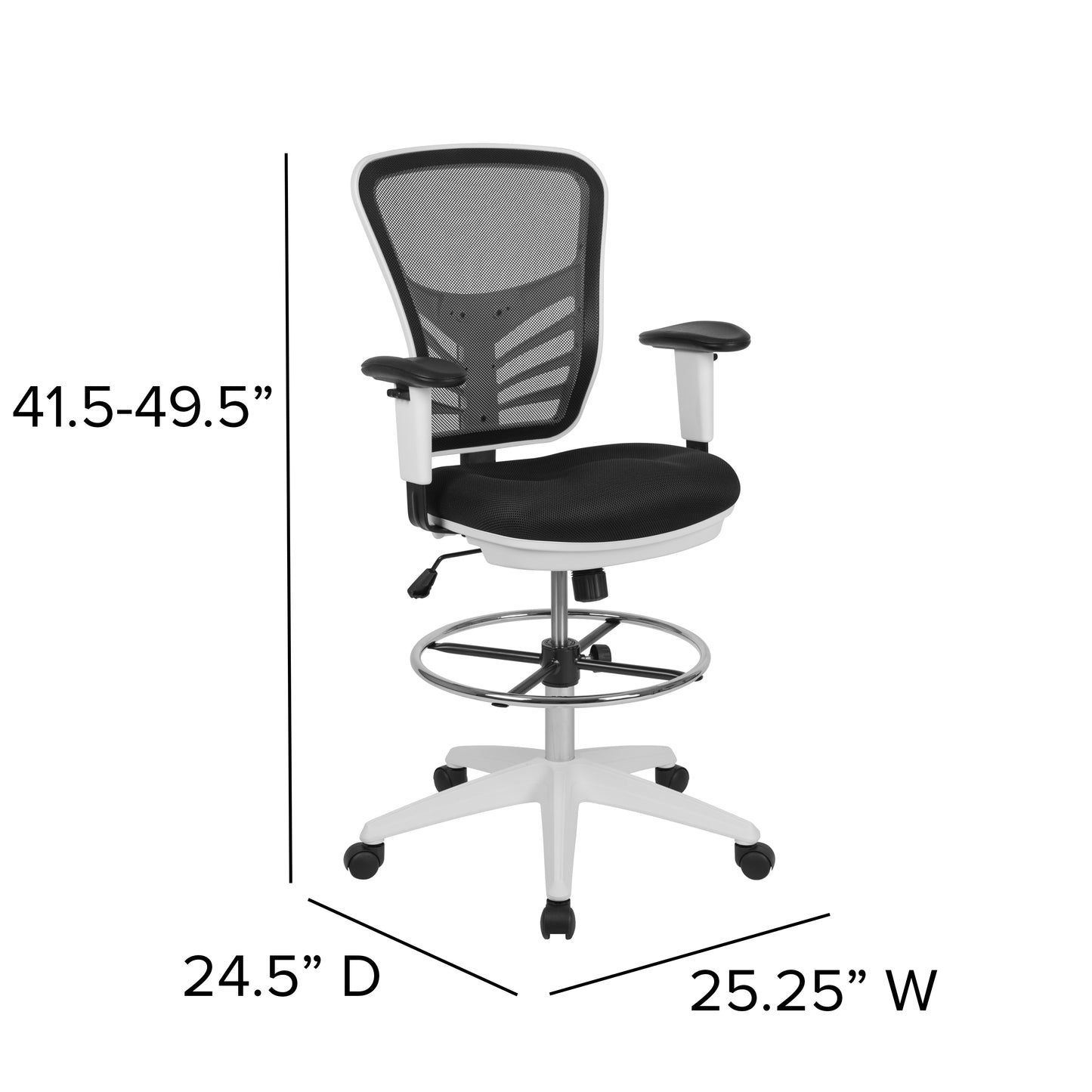 Tyler Mid-Back Black Mesh Ergonomic Drafting Chair with Adjustable Chrome Foot Ring, Adjustable Arms and White Frame Black Mesh/White Frame