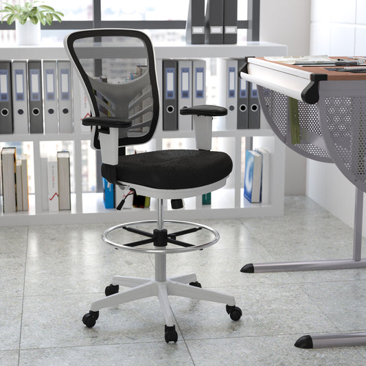 Tyler Mid-Back Black Mesh Ergonomic Drafting Chair with Adjustable Chrome Foot Ring, Adjustable Arms and White Frame Black Mesh/White Frame