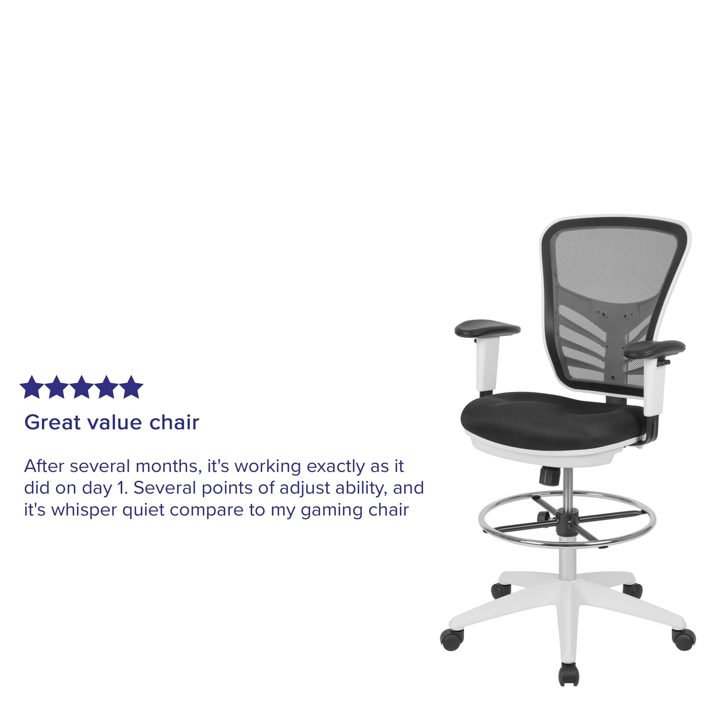 Tyler Mid-Back Black Mesh Ergonomic Drafting Chair with Adjustable Chrome Foot Ring, Adjustable Arms and White Frame Black Mesh/White Frame
