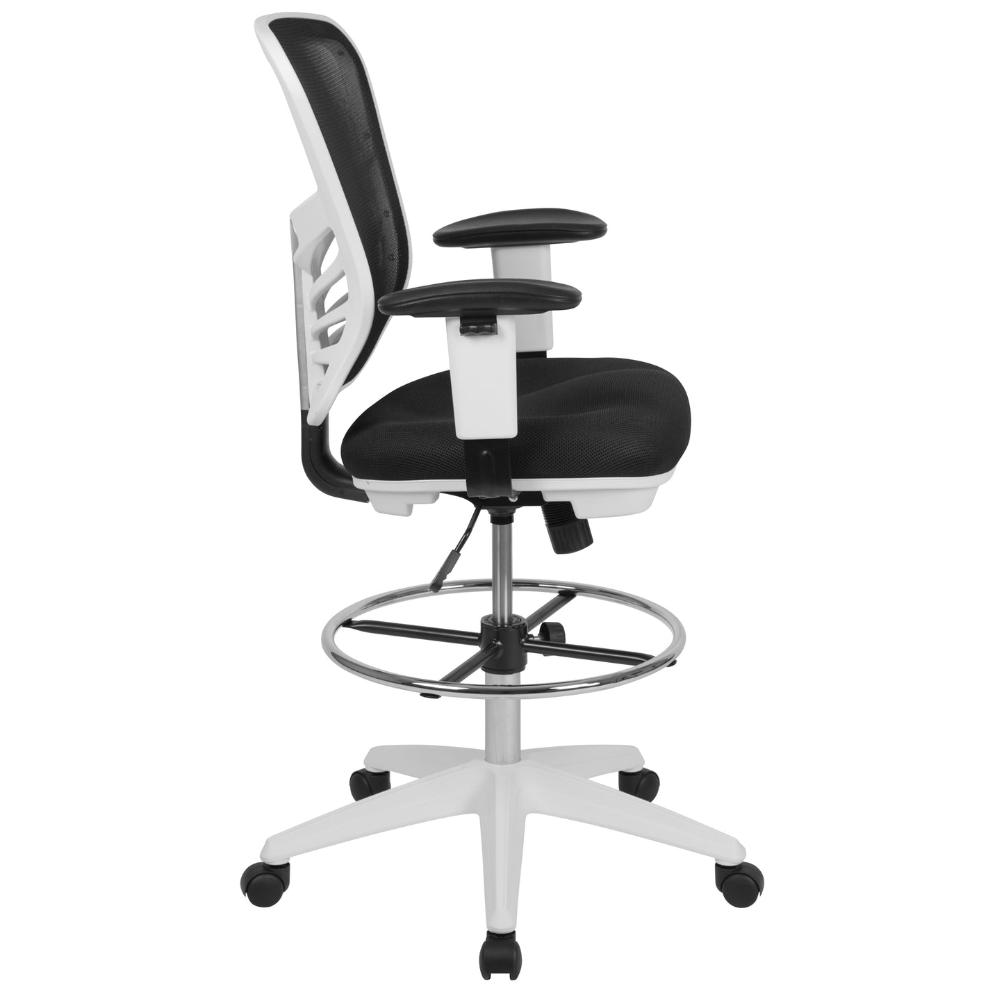 Tyler Mid-Back Black Mesh Ergonomic Drafting Chair with Adjustable Chrome Foot Ring, Adjustable Arms and White Frame Black Mesh/White Frame