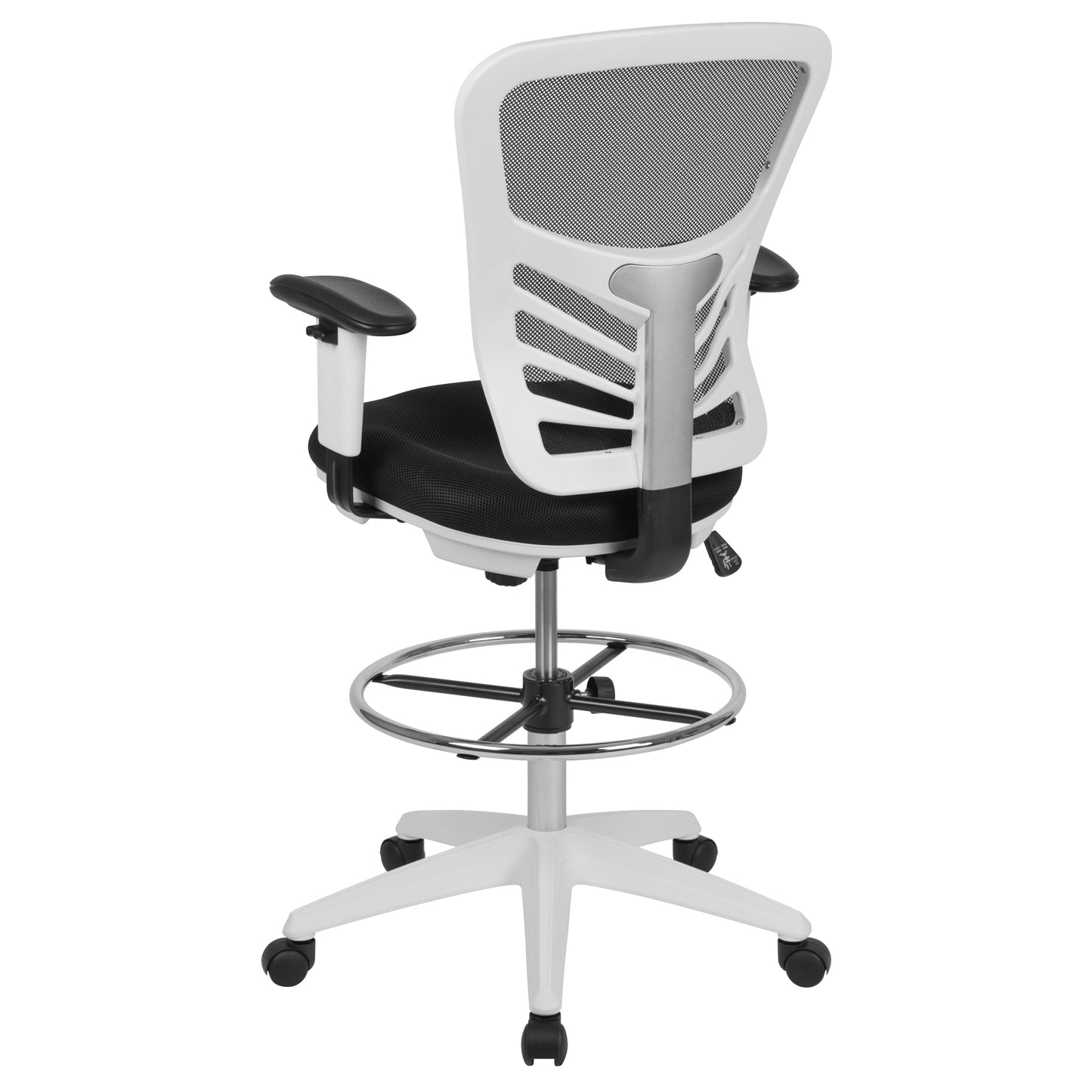 Tyler Mid-Back Black Mesh Ergonomic Drafting Chair with Adjustable Chrome Foot Ring, Adjustable Arms and White Frame Black Mesh/White Frame