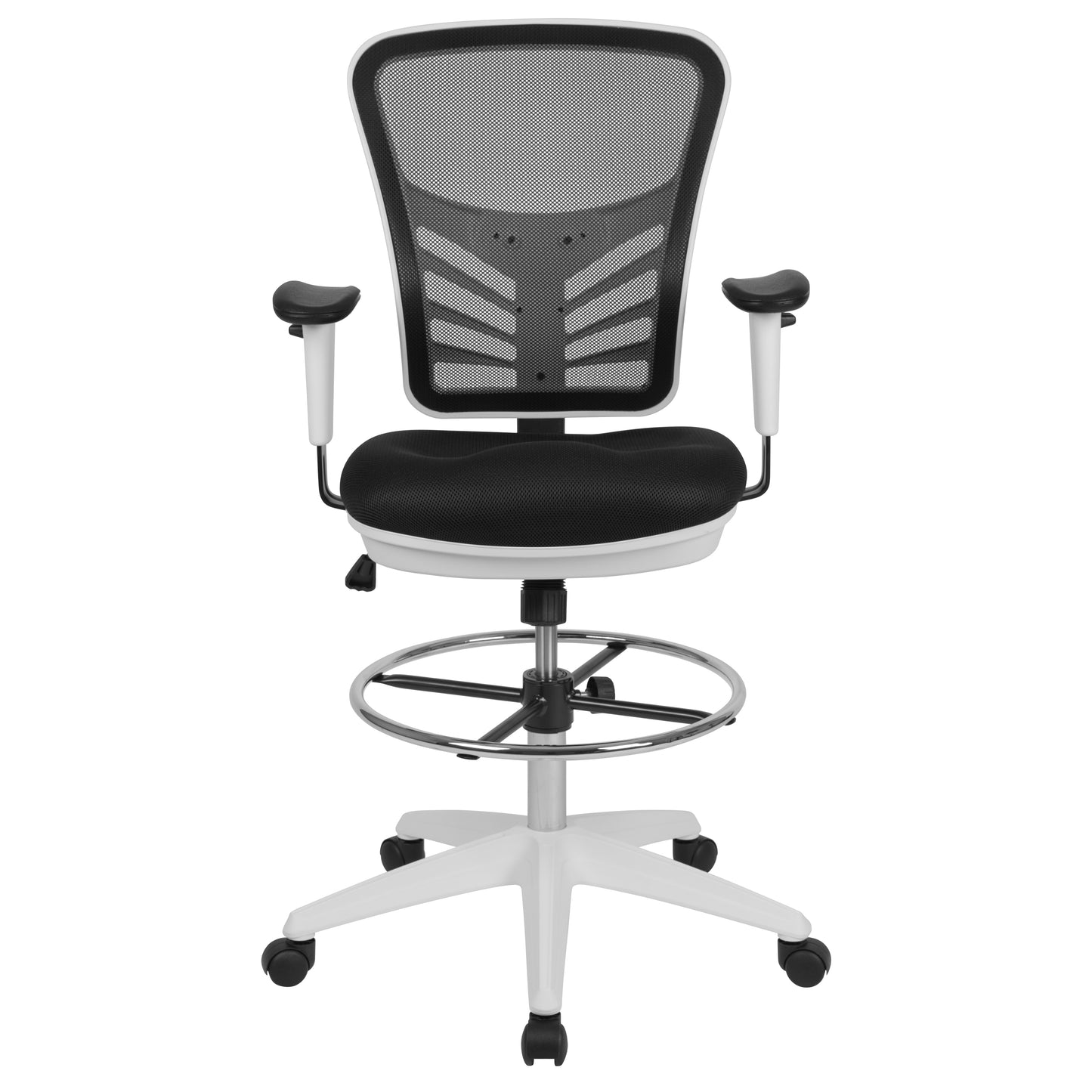 Tyler Mid-Back Black Mesh Ergonomic Drafting Chair with Adjustable Chrome Foot Ring, Adjustable Arms and White Frame Black Mesh/White Frame