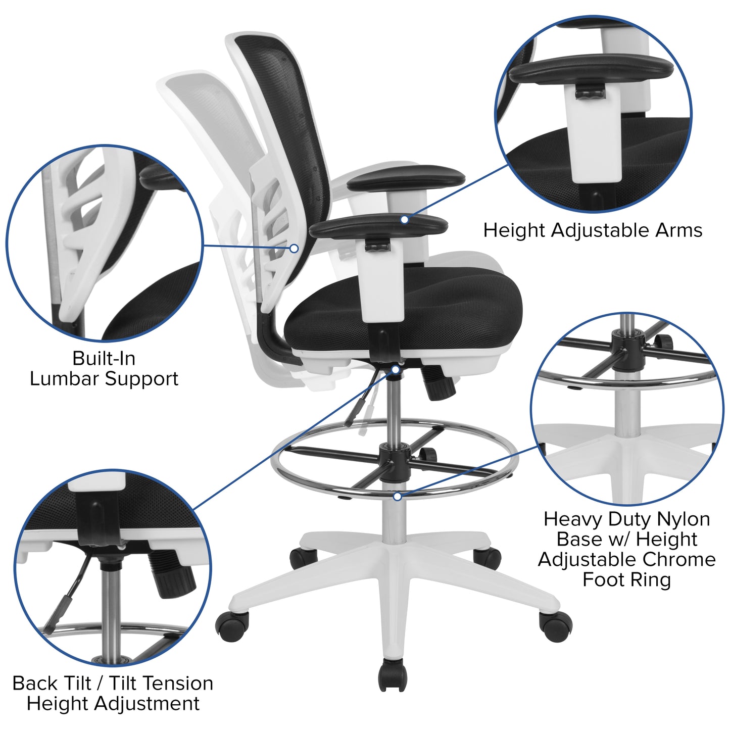 Tyler Mid-Back Black Mesh Ergonomic Drafting Chair with Adjustable Chrome Foot Ring, Adjustable Arms and White Frame Black Mesh/White Frame