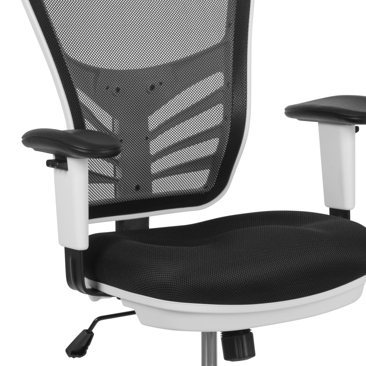 Tyler Mid-Back Black Mesh Ergonomic Drafting Chair with Adjustable Chrome Foot Ring, Adjustable Arms and White Frame Black Mesh/White Frame