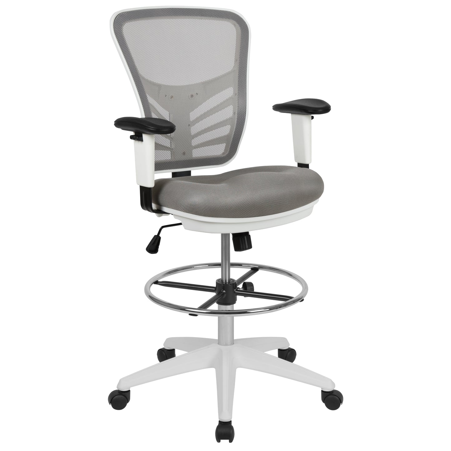 Tyler Mid-Back Light Gray Mesh Ergonomic Drafting Chair with Adjustable Chrome Foot Ring, Adjustable Arms and White Frame Light Gray Mesh/White Frame
