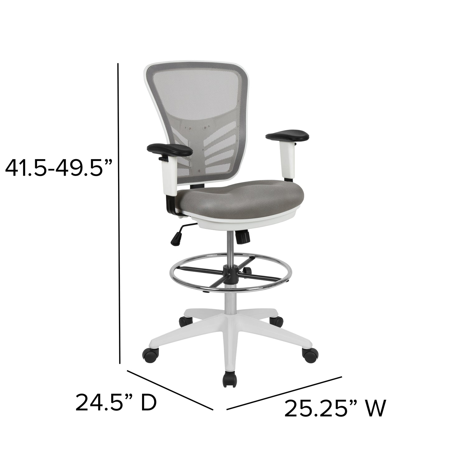 Tyler Mid-Back Light Gray Mesh Ergonomic Drafting Chair with Adjustable Chrome Foot Ring, Adjustable Arms and White Frame Light Gray Mesh/White Frame