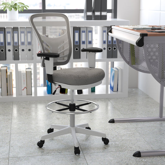 Tyler Mid-Back Light Gray Mesh Ergonomic Drafting Chair with Adjustable Chrome Foot Ring, Adjustable Arms and White Frame Light Gray Mesh/White Frame
