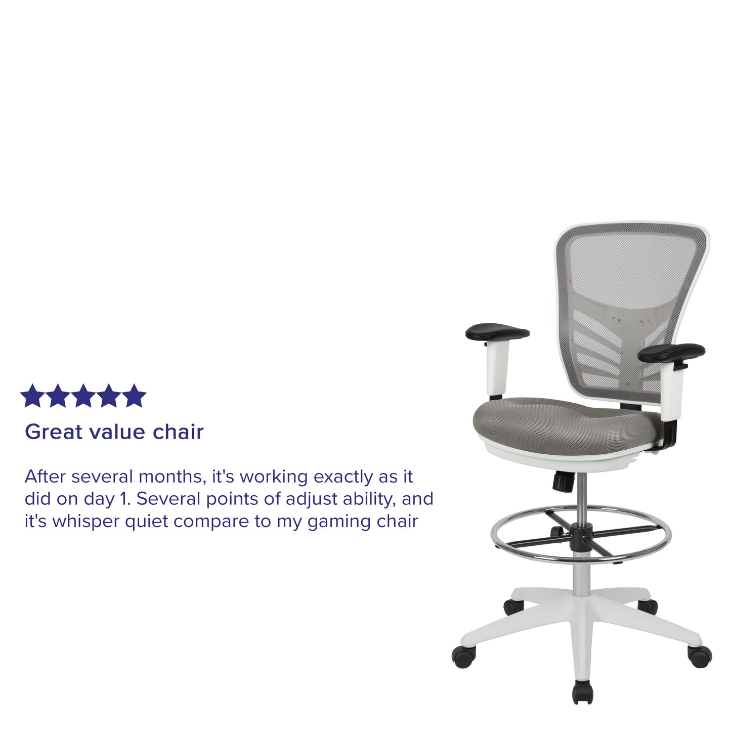 Tyler Mid-Back Light Gray Mesh Ergonomic Drafting Chair with Adjustable Chrome Foot Ring, Adjustable Arms and White Frame Light Gray Mesh/White Frame