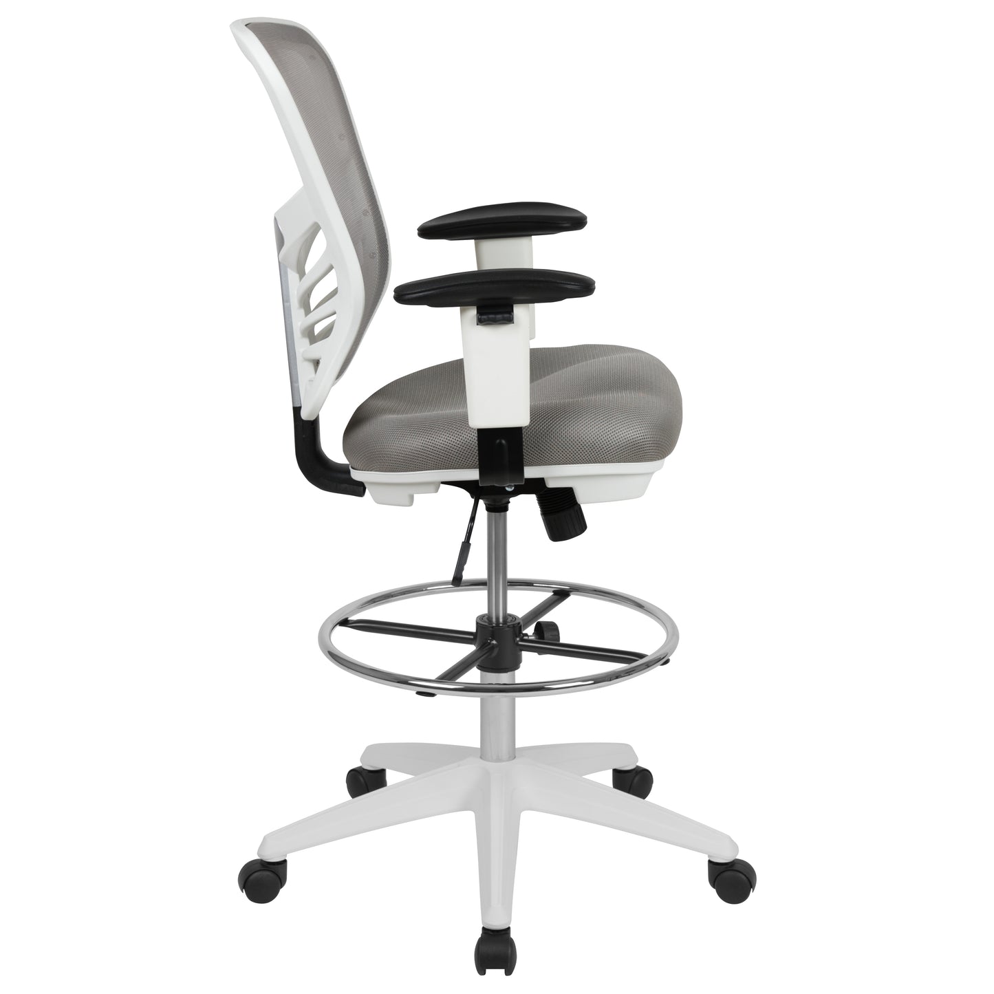 Tyler Mid-Back Light Gray Mesh Ergonomic Drafting Chair with Adjustable Chrome Foot Ring, Adjustable Arms and White Frame Light Gray Mesh/White Frame