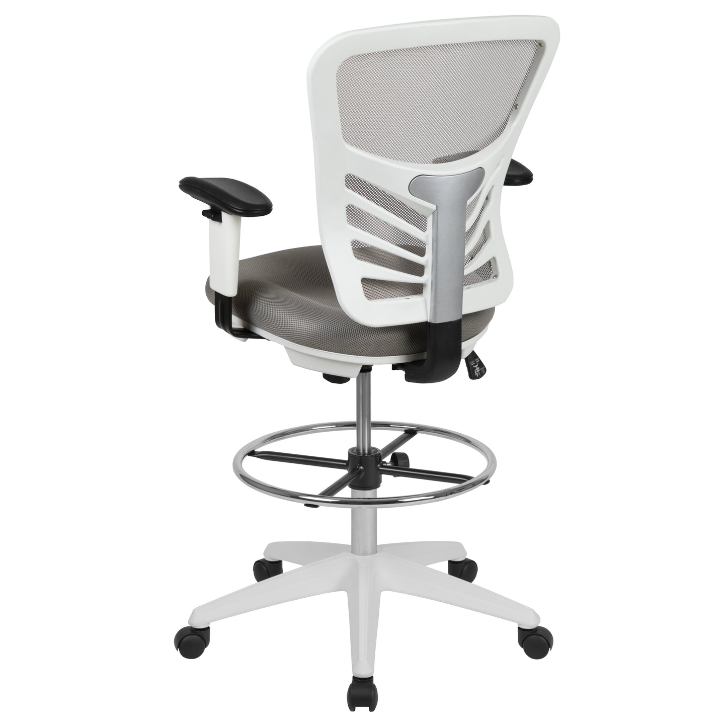Tyler Mid-Back Light Gray Mesh Ergonomic Drafting Chair with Adjustable Chrome Foot Ring, Adjustable Arms and White Frame Light Gray Mesh/White Frame