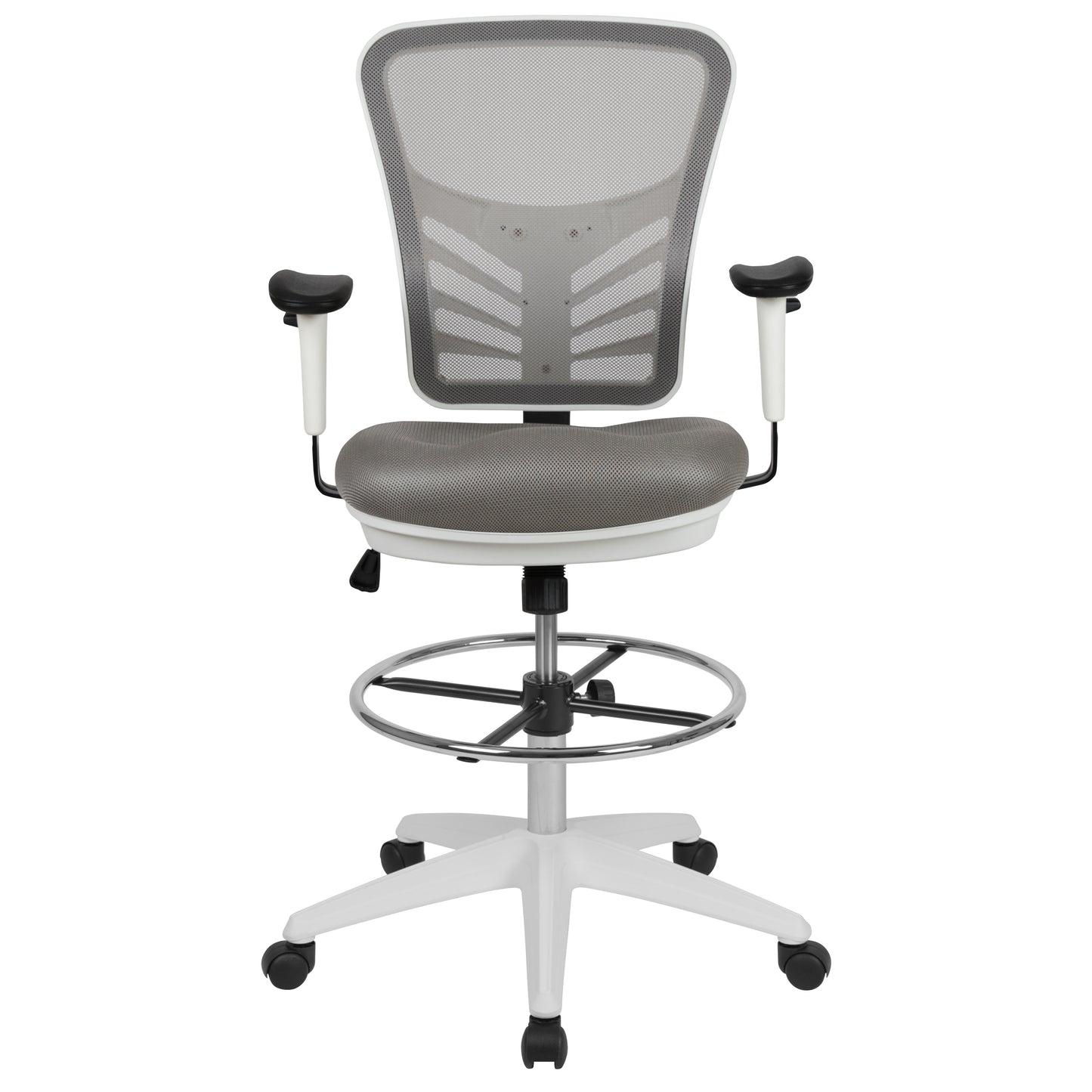 Tyler Mid-Back Light Gray Mesh Ergonomic Drafting Chair with Adjustable Chrome Foot Ring, Adjustable Arms and White Frame Light Gray Mesh/White Frame