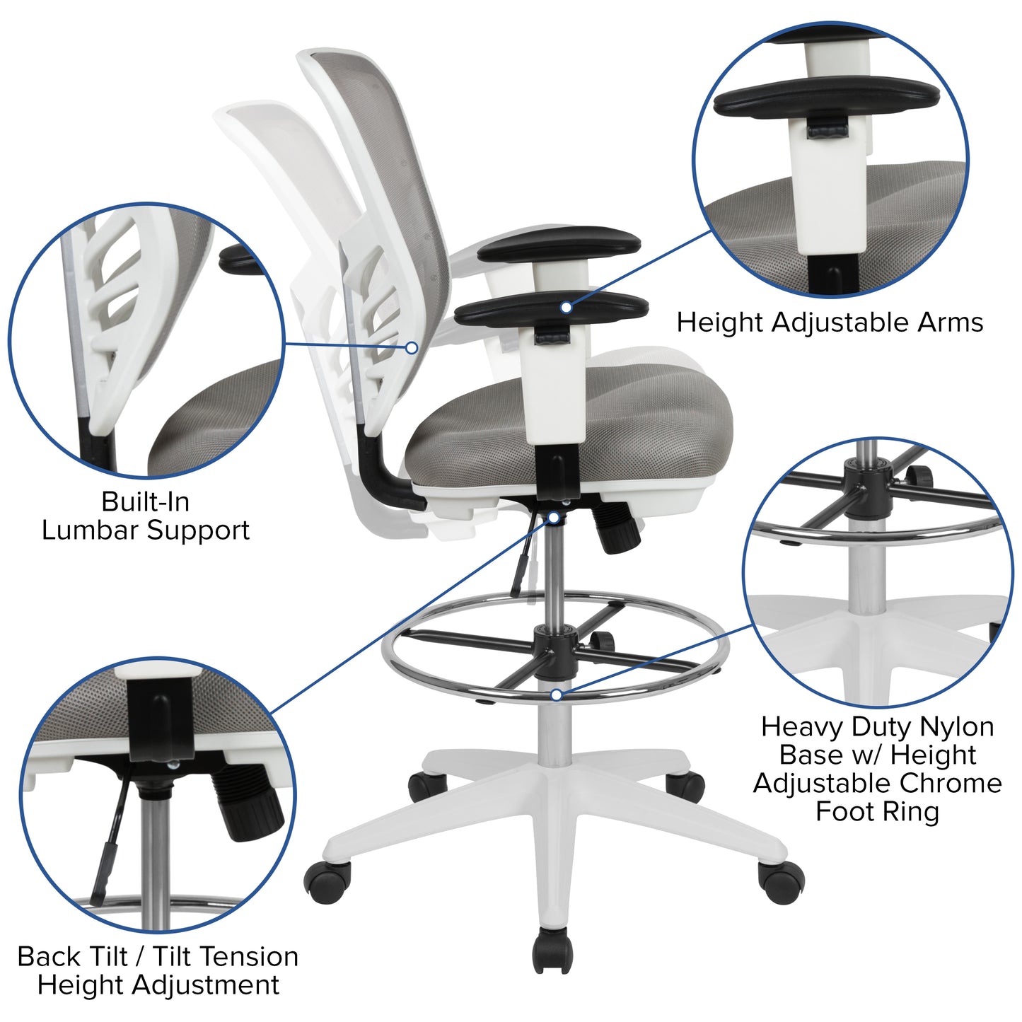 Tyler Mid-Back Light Gray Mesh Ergonomic Drafting Chair with Adjustable Chrome Foot Ring, Adjustable Arms and White Frame Light Gray Mesh/White Frame
