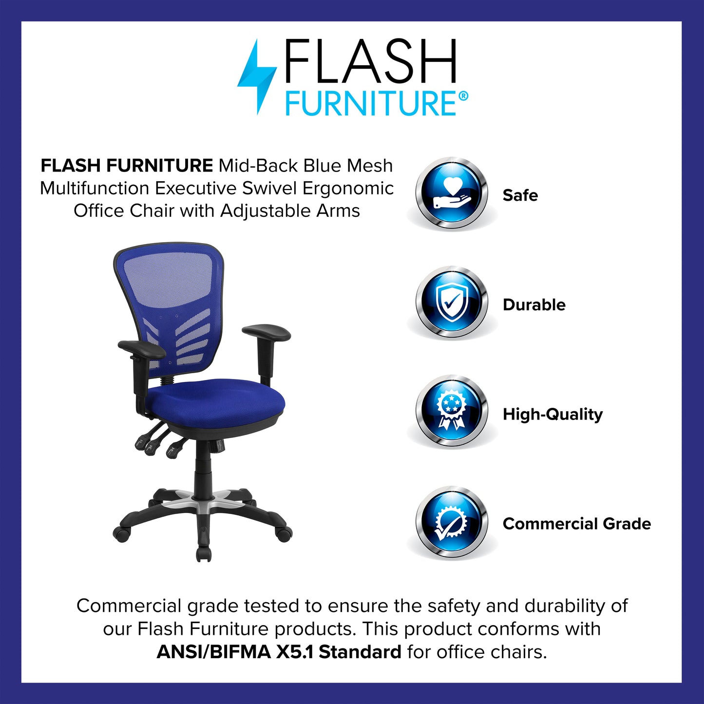 Nicholas Mid-Back Blue Mesh Multifunction Executive Swivel Ergonomic Office Chair with Adjustable Arms Blue/Black Frame