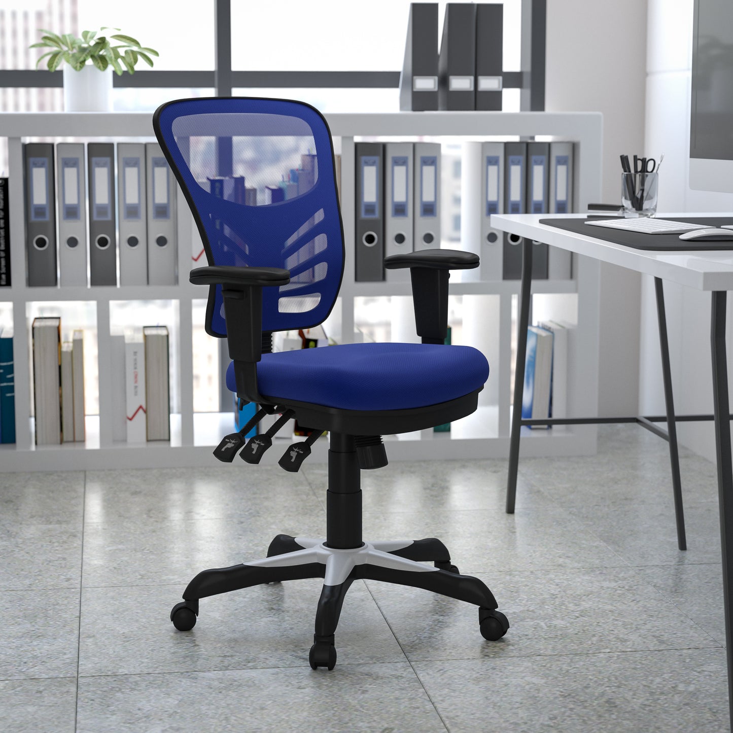 Nicholas Mid-Back Blue Mesh Multifunction Executive Swivel Ergonomic Office Chair with Adjustable Arms Blue/Black Frame