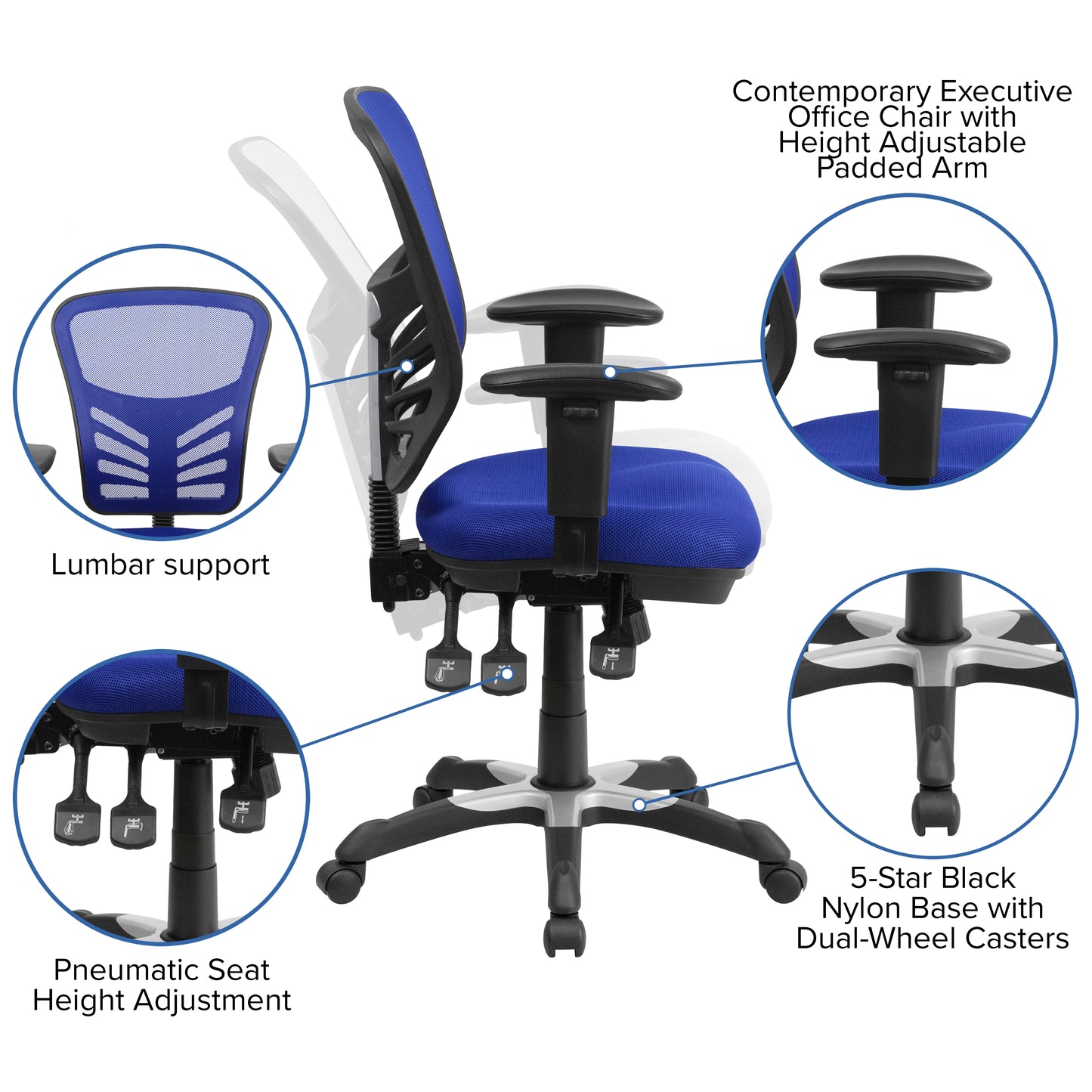 Nicholas Mid-Back Blue Mesh Multifunction Executive Swivel Ergonomic Office Chair with Adjustable Arms Blue/Black Frame