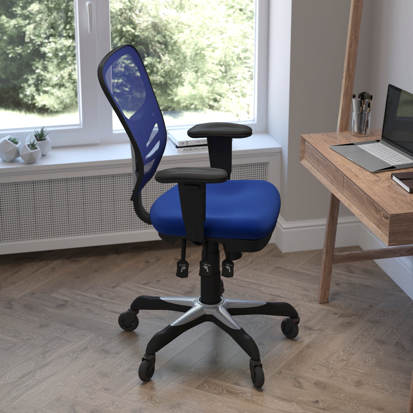 Nicholas Mid-Back Blue Mesh Multifunction Executive Swivel Ergonomic Office Chair with Adjustable Arms and Transparent Roller Wheels Blue/Black Frame