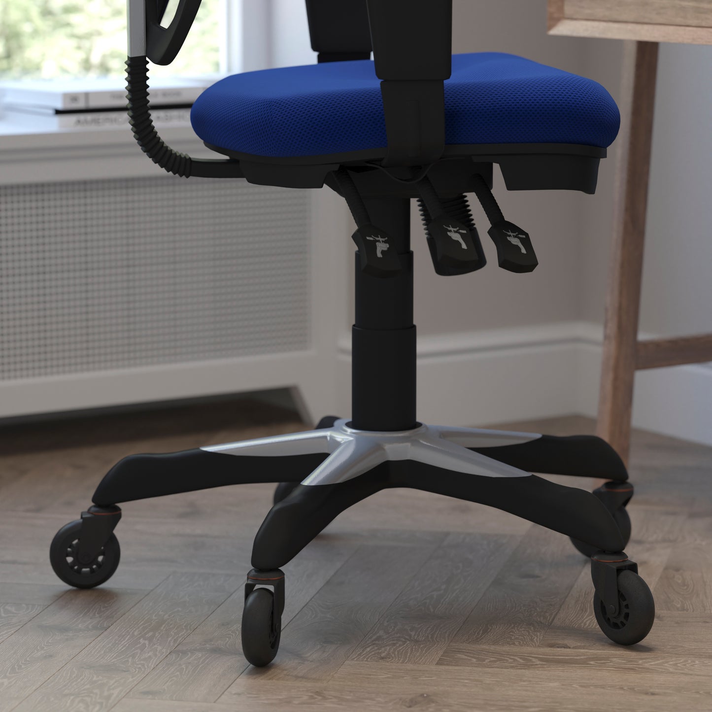 Nicholas Mid-Back Blue Mesh Multifunction Executive Swivel Ergonomic Office Chair with Adjustable Arms and Transparent Roller Wheels Blue/Black Frame