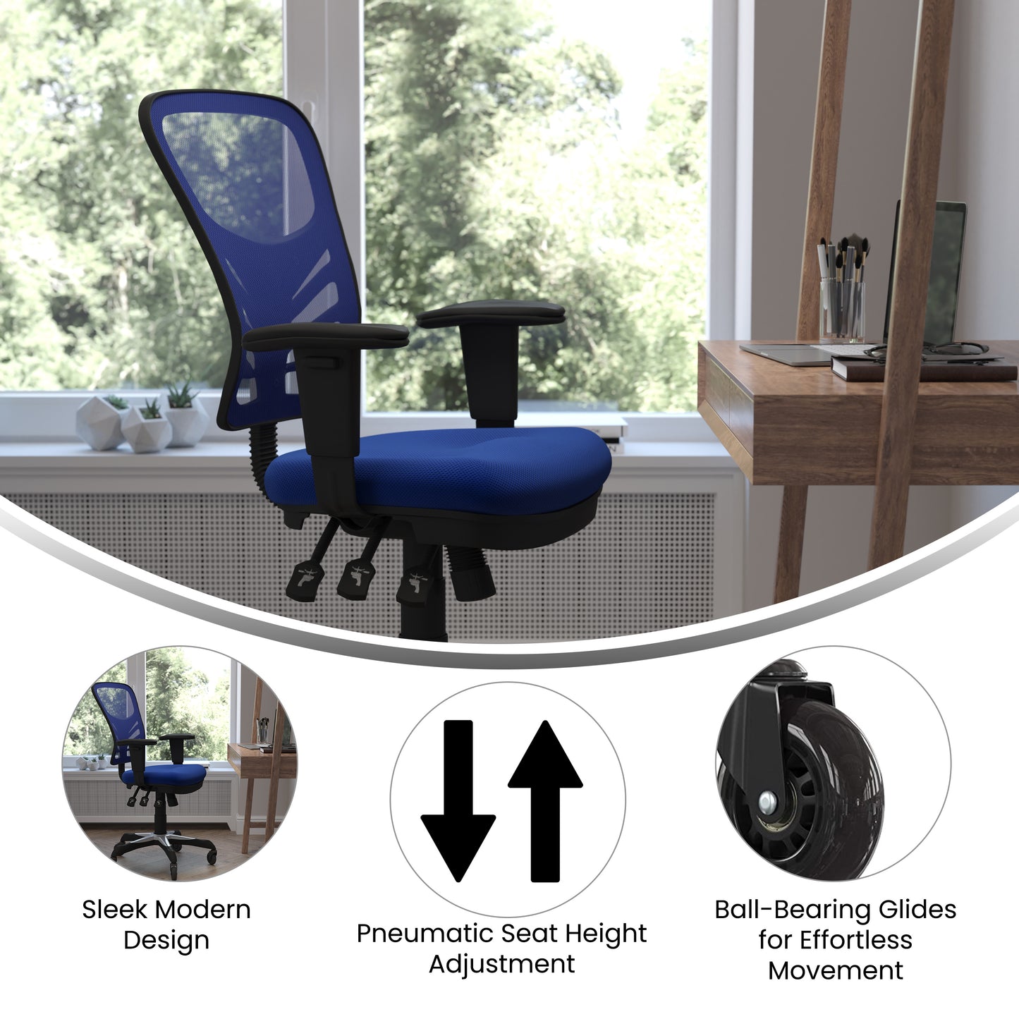 Nicholas Mid-Back Blue Mesh Multifunction Executive Swivel Ergonomic Office Chair with Adjustable Arms and Transparent Roller Wheels Blue/Black Frame