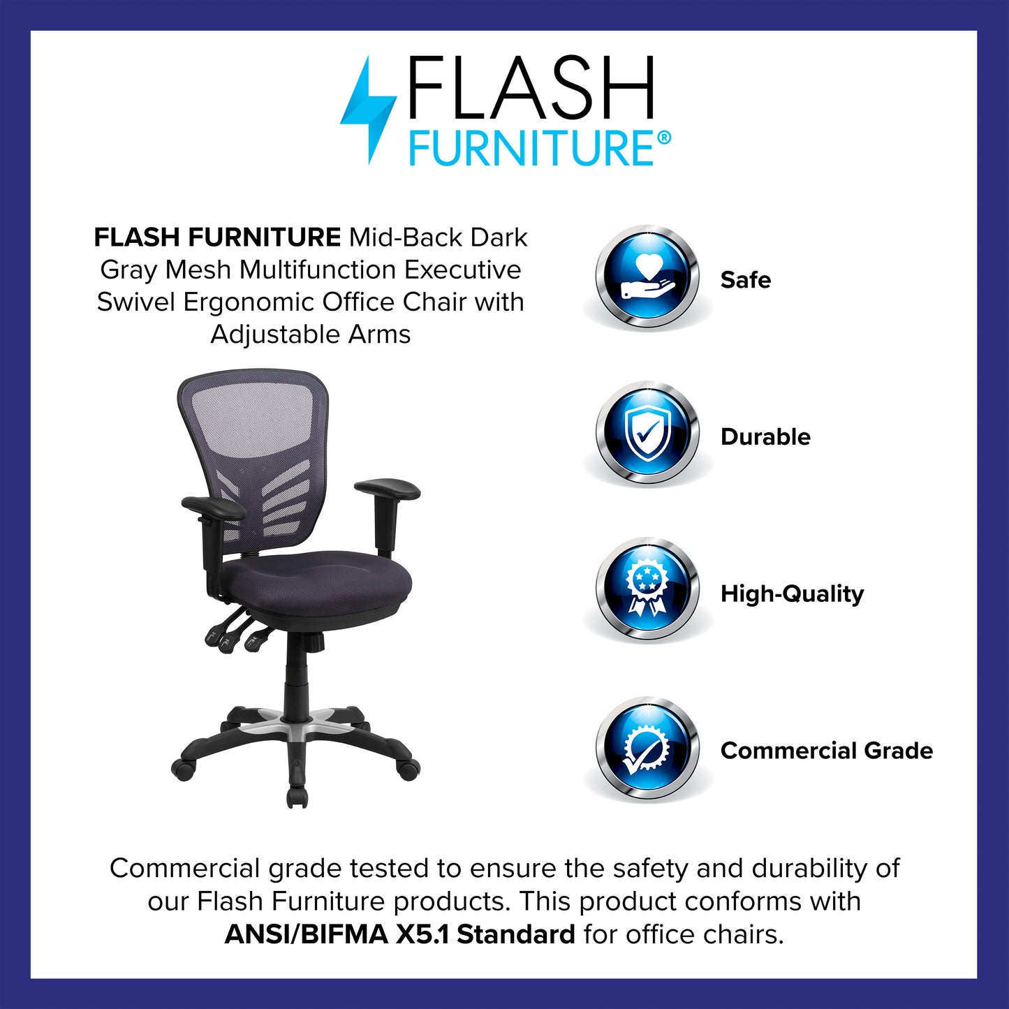 Nicholas Mid-Back Dark Gray Mesh Multifunction Executive Swivel Ergonomic Office Chair with Adjustable Arms Dark Gray/Black Frame