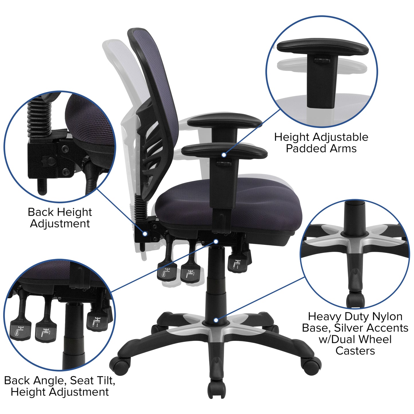 Nicholas Mid-Back Dark Gray Mesh Multifunction Executive Swivel Ergonomic Office Chair with Adjustable Arms Dark Gray/Black Frame