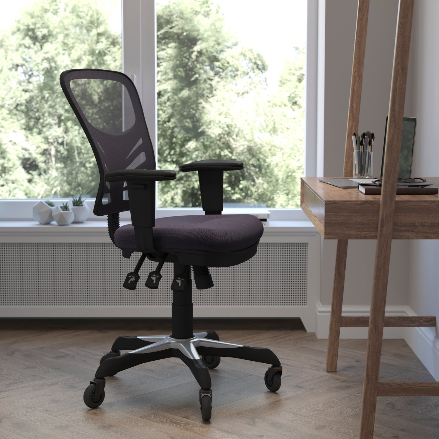 Nicholas Mid-Back Dark Gray Mesh Multifunction Executive Swivel Ergonomic Office Chair with Adjustable Arms and Transparent Roller Wheels Dark Gray/Black Frame