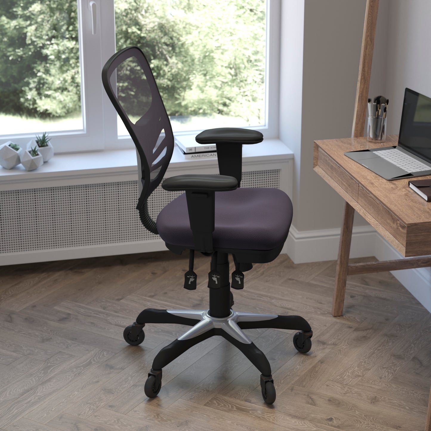 Nicholas Mid-Back Dark Gray Mesh Multifunction Executive Swivel Ergonomic Office Chair with Adjustable Arms and Transparent Roller Wheels Dark Gray/Black Frame