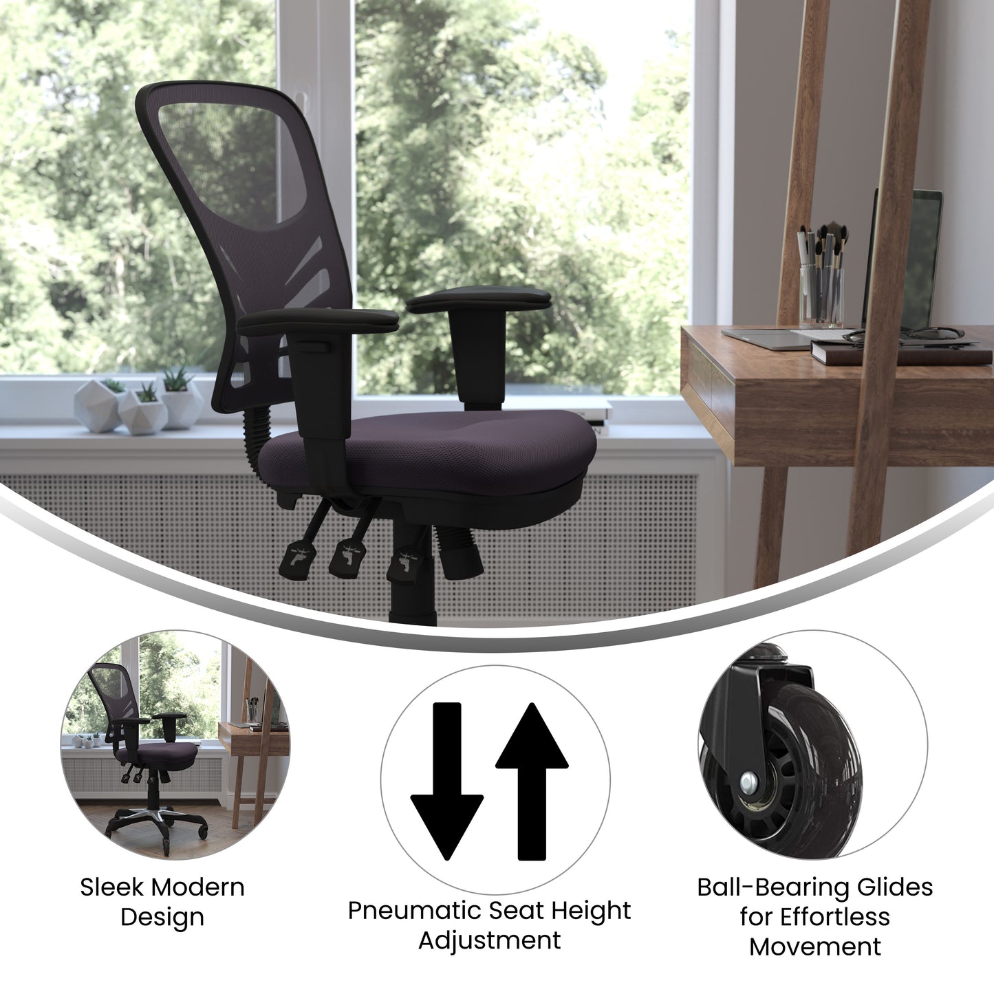 Nicholas Mid-Back Dark Gray Mesh Multifunction Executive Swivel Ergonomic Office Chair with Adjustable Arms and Transparent Roller Wheels Dark Gray/Black Frame