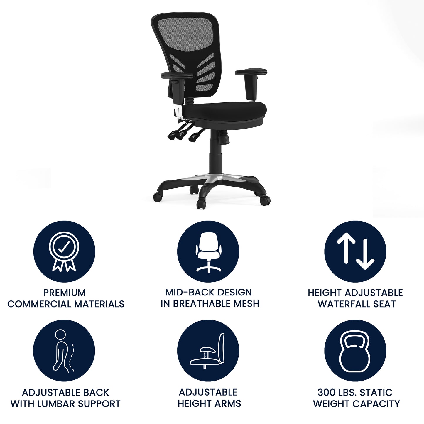 Nicholas Mid-Back Black Mesh Multifunction Executive Swivel Ergonomic Office Chair with Adjustable Arms Black/Black Frame