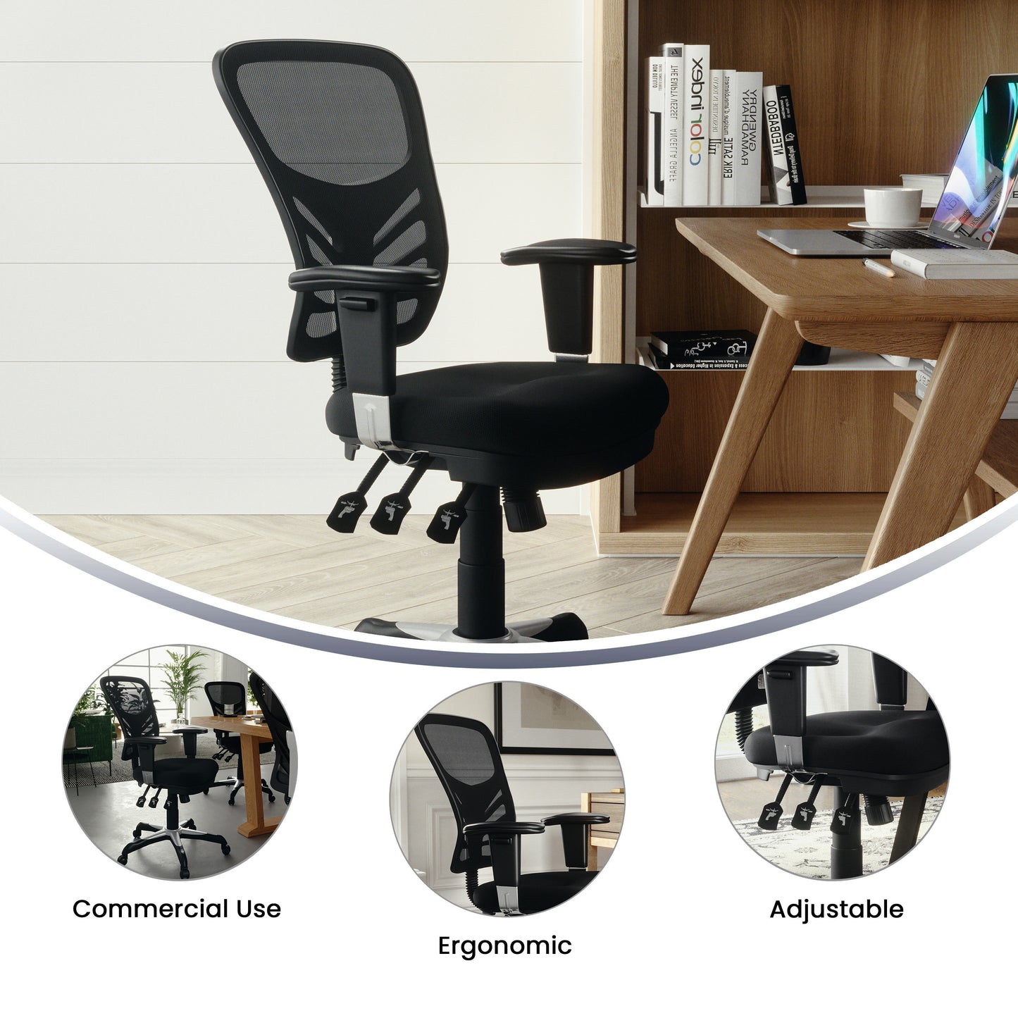 Nicholas Mid-Back Black Mesh Multifunction Executive Swivel Ergonomic Office Chair with Adjustable Arms Black/Black Frame