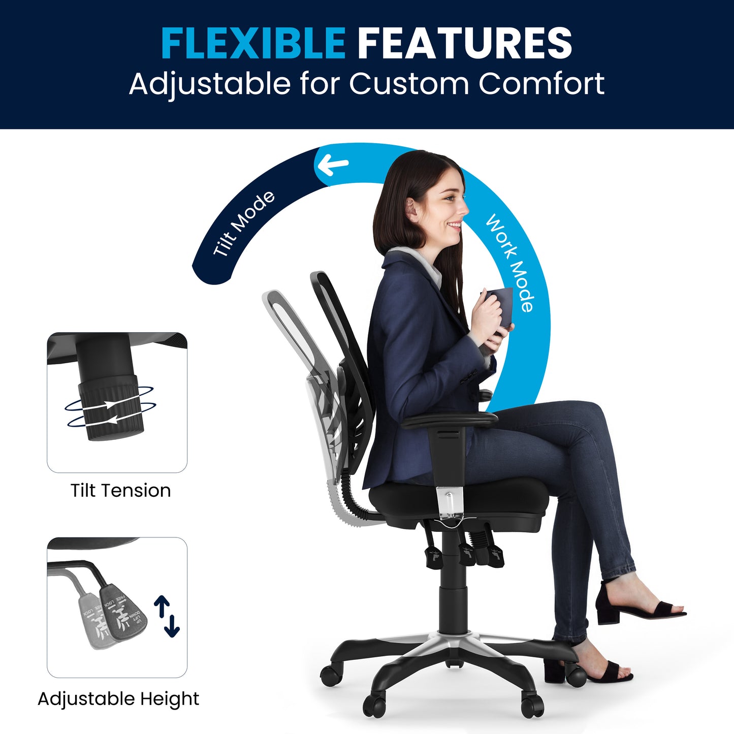 Nicholas Mid-Back Black Mesh Multifunction Executive Swivel Ergonomic Office Chair with Adjustable Arms Black/Black Frame