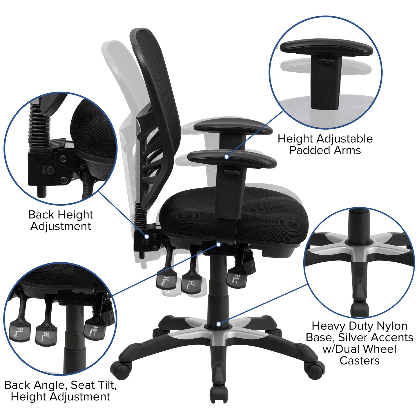 Nicholas Mid-Back Black Mesh Multifunction Executive Swivel Ergonomic Office Chair with Adjustable Arms Black/Black Frame