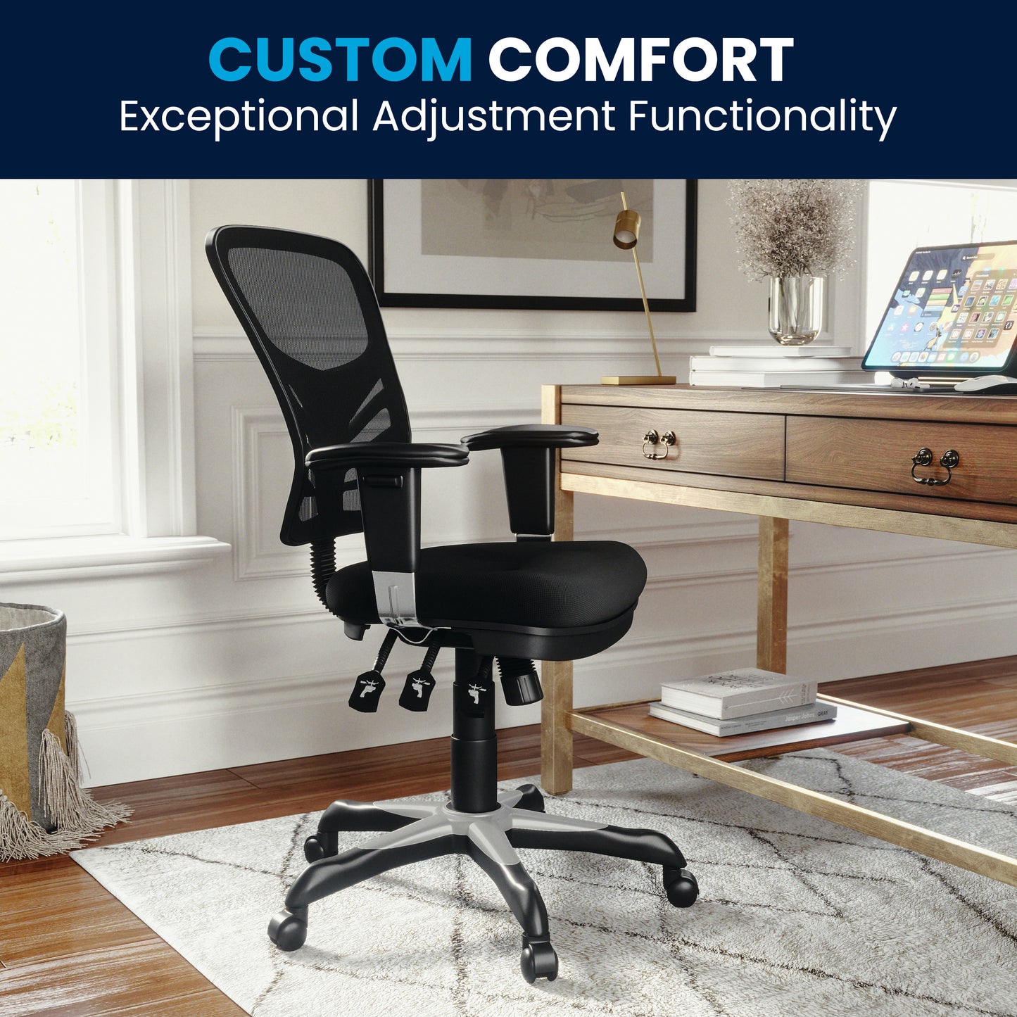 Nicholas Mid-Back Black Mesh Multifunction Executive Swivel Ergonomic Office Chair with Adjustable Arms Black/Black Frame