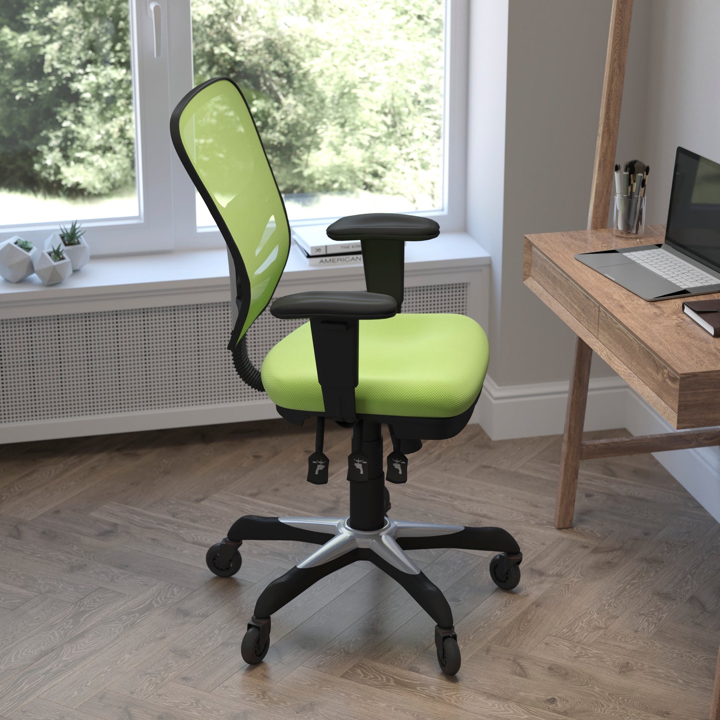 Nicholas Mid-Back Green Mesh Multifunction Executive Swivel Ergonomic Office Chair with Adjustable Arms and Transparent Roller Wheels Green/Black Frame
