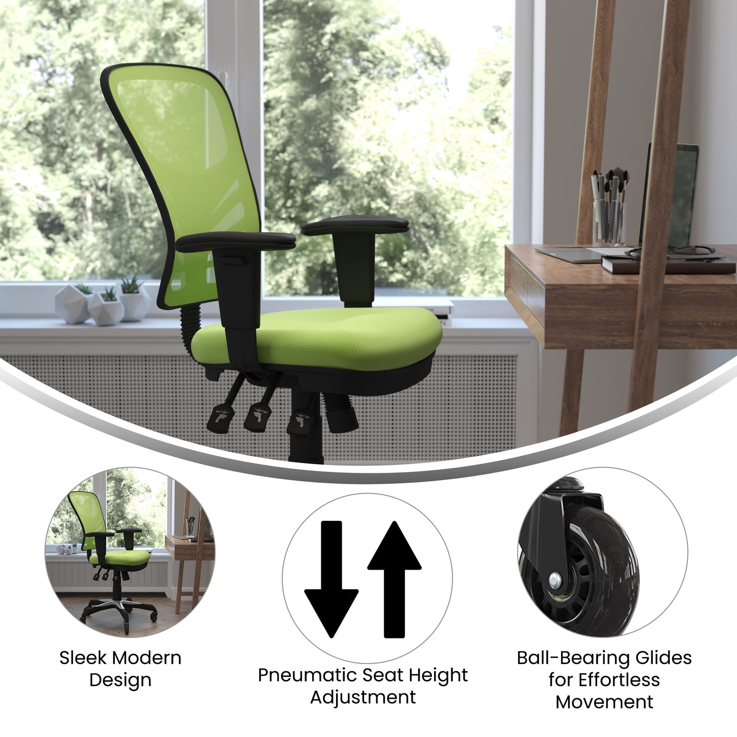 Nicholas Mid-Back Green Mesh Multifunction Executive Swivel Ergonomic Office Chair with Adjustable Arms and Transparent Roller Wheels Green/Black Frame