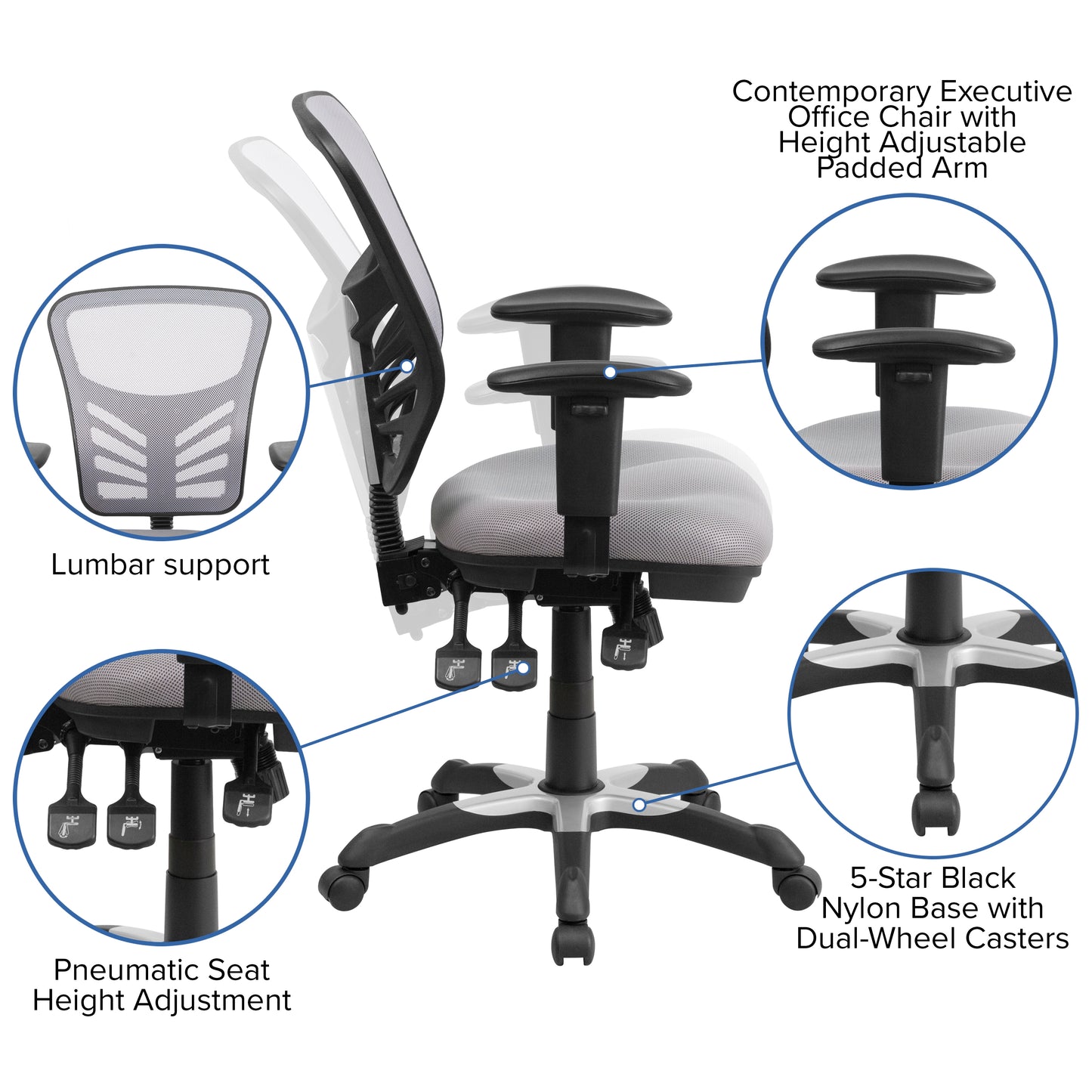 Nicholas Mid-Back Gray Mesh Multifunction Executive Swivel Ergonomic Office Chair with Adjustable Arms Gray/Black Frame
