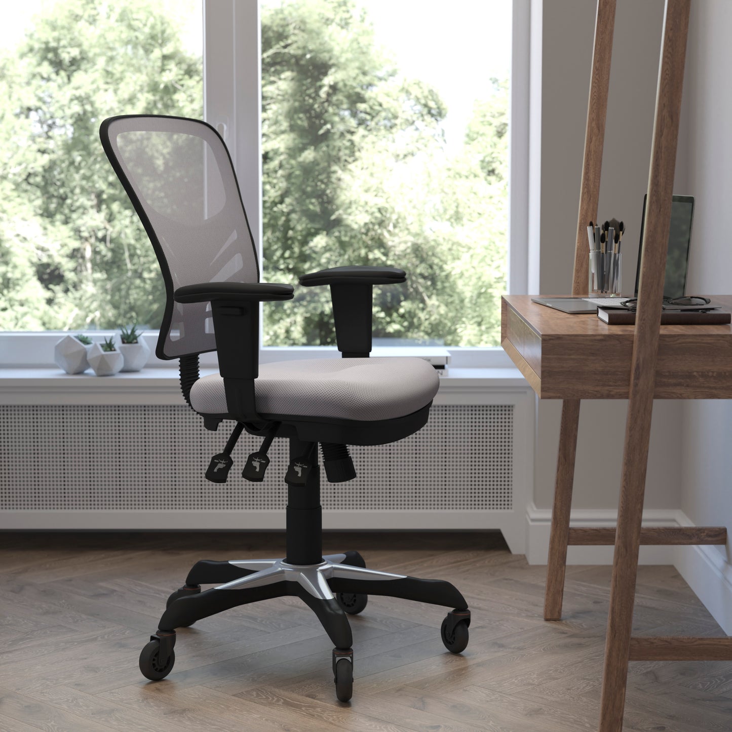 Nicholas Mid-Back Gray Mesh Multifunction Executive Swivel Ergonomic Office Chair with Adjustable Arms and Transparent Roller Wheels Gray/Black Frame