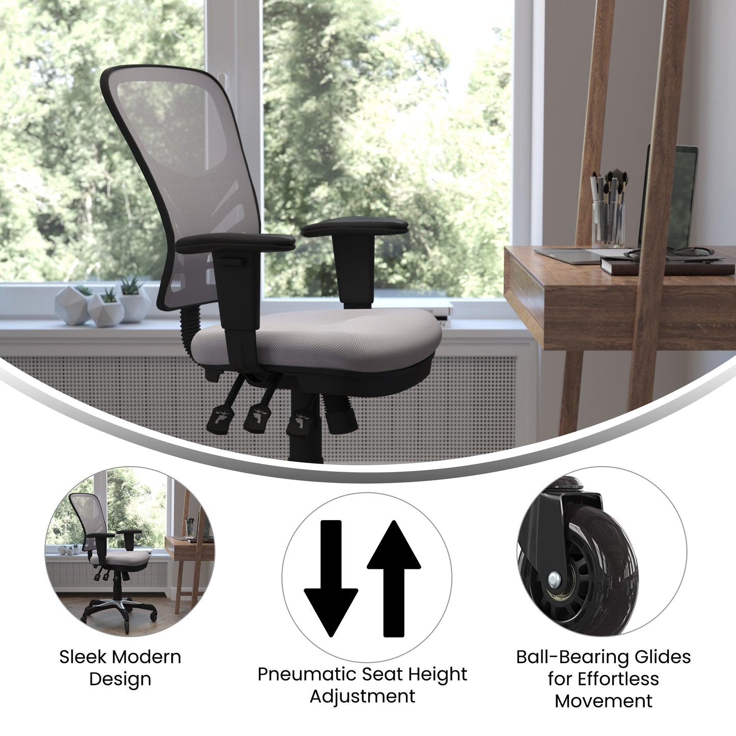 Nicholas Mid-Back Gray Mesh Multifunction Executive Swivel Ergonomic Office Chair with Adjustable Arms and Transparent Roller Wheels Gray/Black Frame