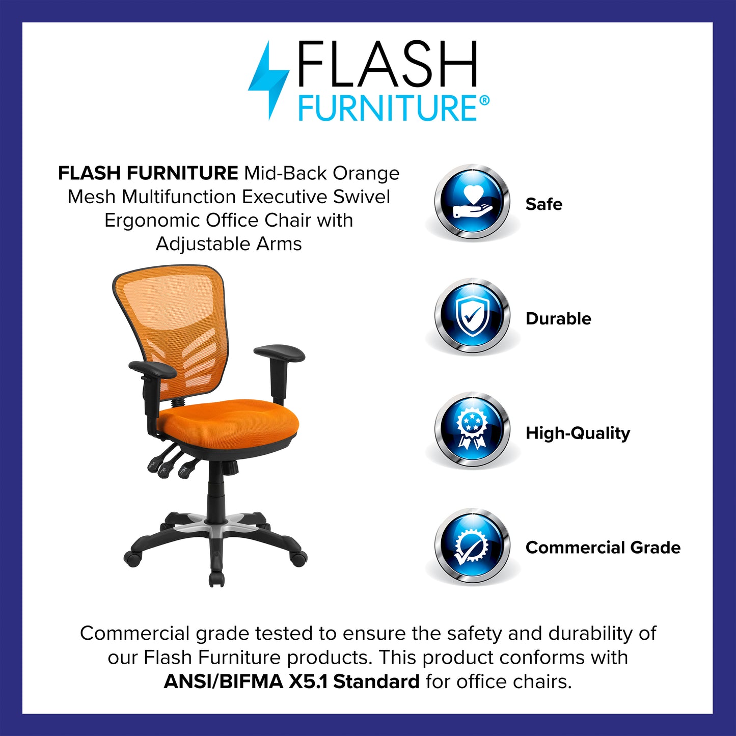 Nicholas Mid-Back Orange Mesh Multifunction Executive Swivel Ergonomic Office Chair with Adjustable Arms Orange/Black Frame