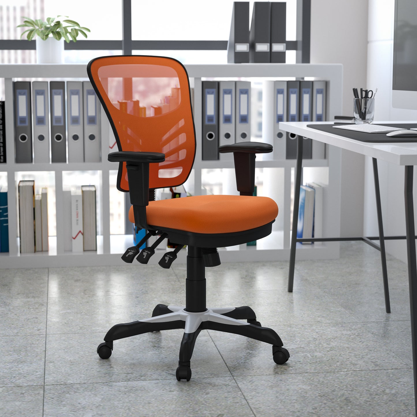 Nicholas Mid-Back Orange Mesh Multifunction Executive Swivel Ergonomic Office Chair with Adjustable Arms Orange/Black Frame
