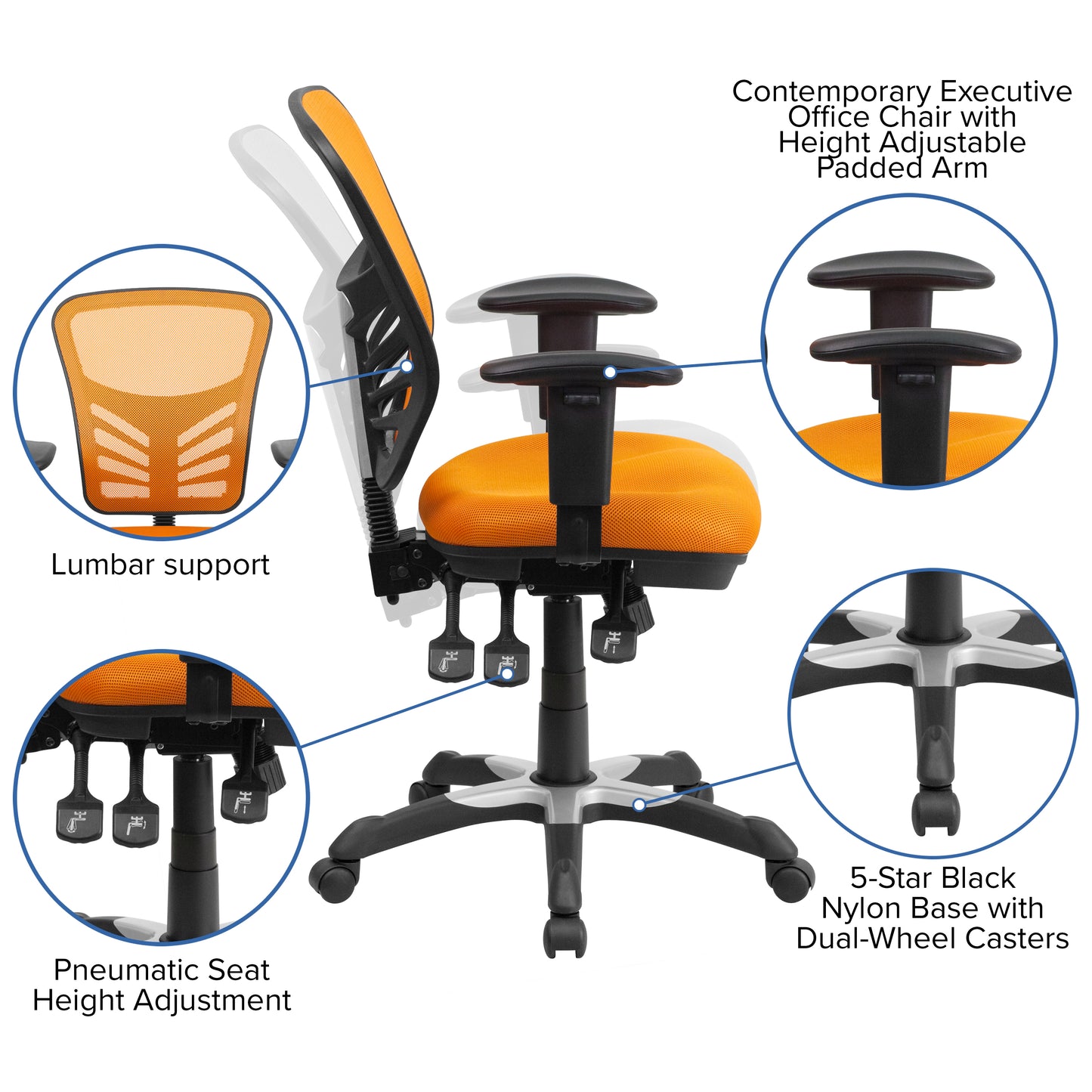 Nicholas Mid-Back Orange Mesh Multifunction Executive Swivel Ergonomic Office Chair with Adjustable Arms Orange/Black Frame