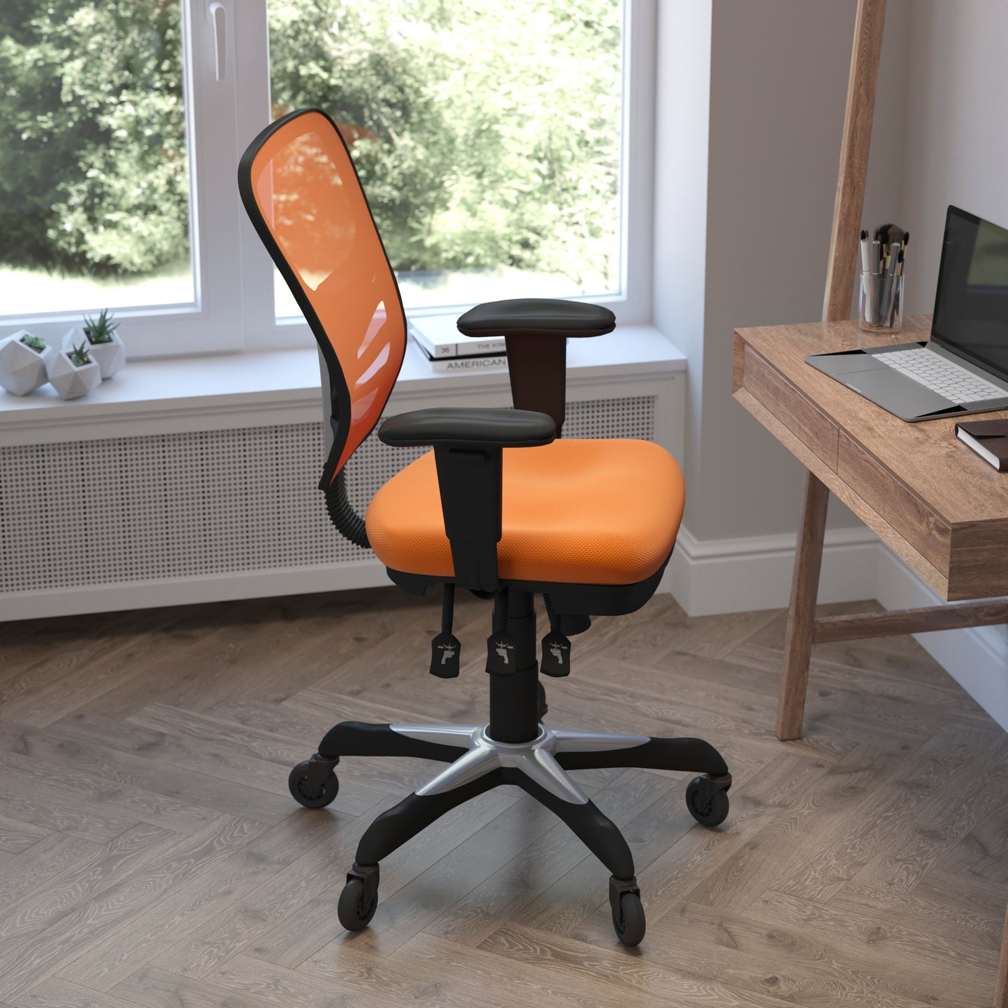 Nicholas Mid-Back Orange Mesh Multifunction Executive Swivel Ergonomic Office Chair with Adjustable Arms and Transparent Roller Wheels Orange/Black Frame