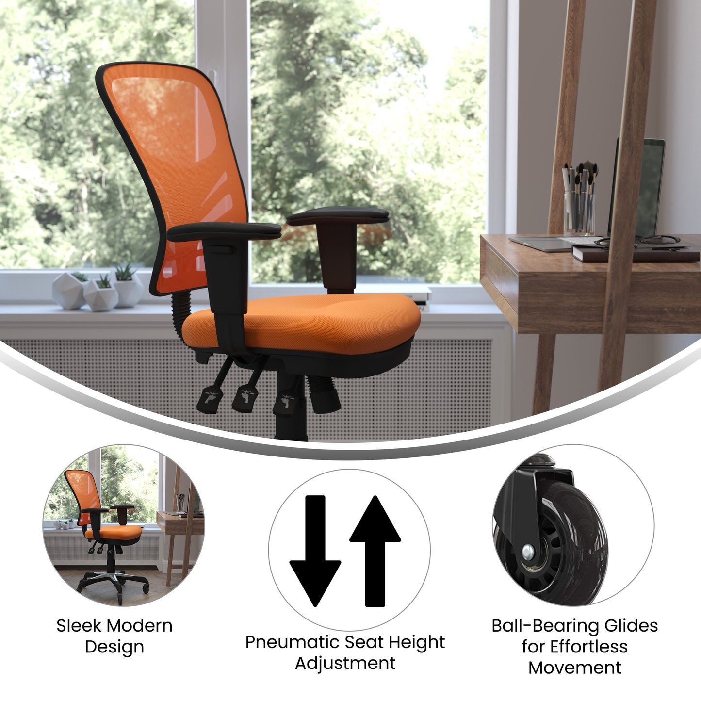 Nicholas Mid-Back Orange Mesh Multifunction Executive Swivel Ergonomic Office Chair with Adjustable Arms and Transparent Roller Wheels Orange/Black Frame