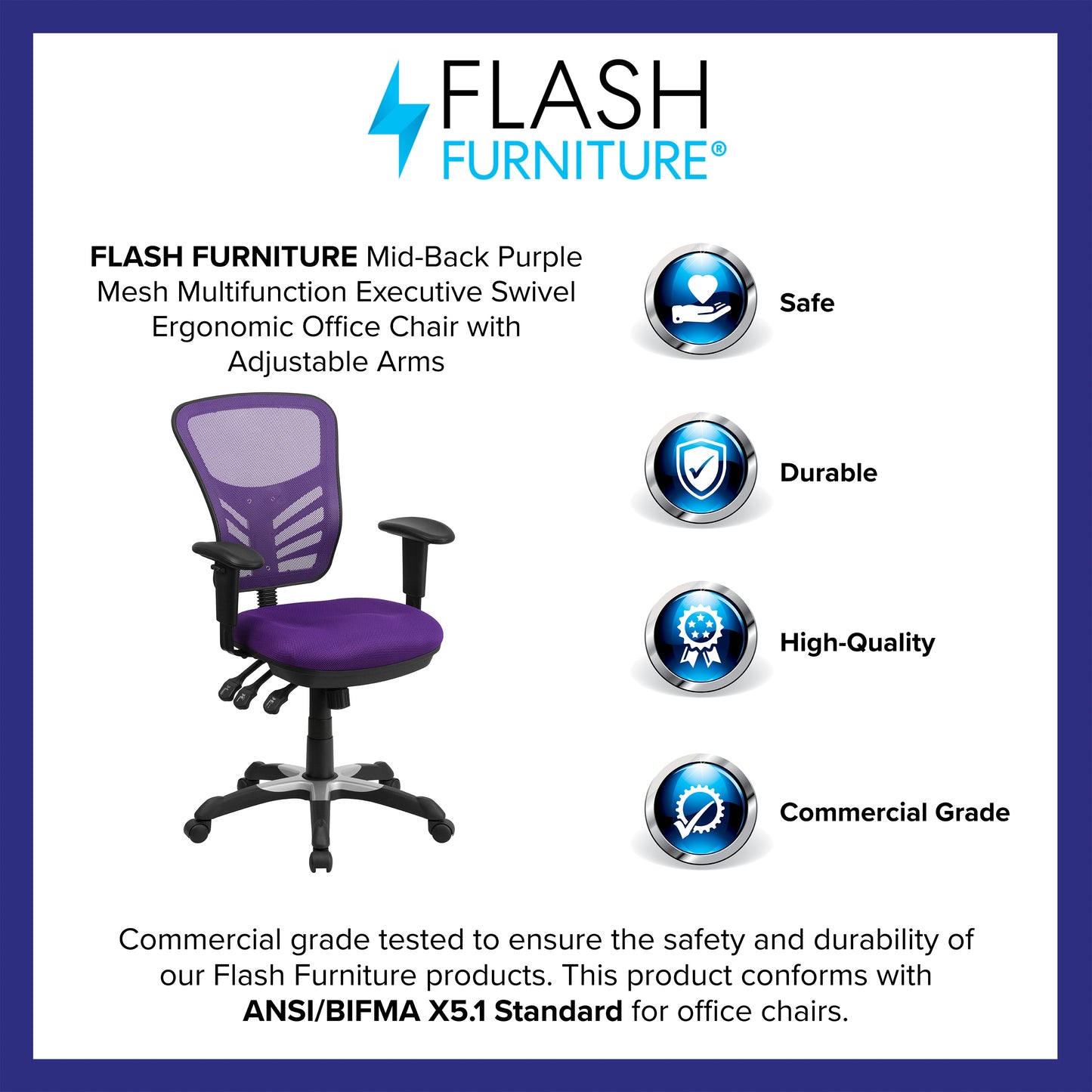 Nicholas Mid-Back Purple Mesh Multifunction Executive Swivel Ergonomic Office Chair with Adjustable Arms Purple/Black Frame