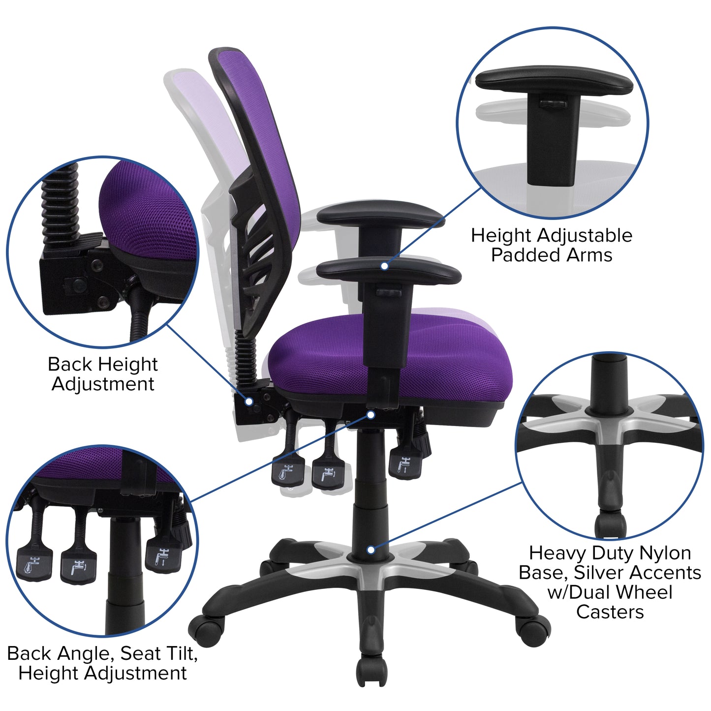 Nicholas Mid-Back Purple Mesh Multifunction Executive Swivel Ergonomic Office Chair with Adjustable Arms Purple/Black Frame