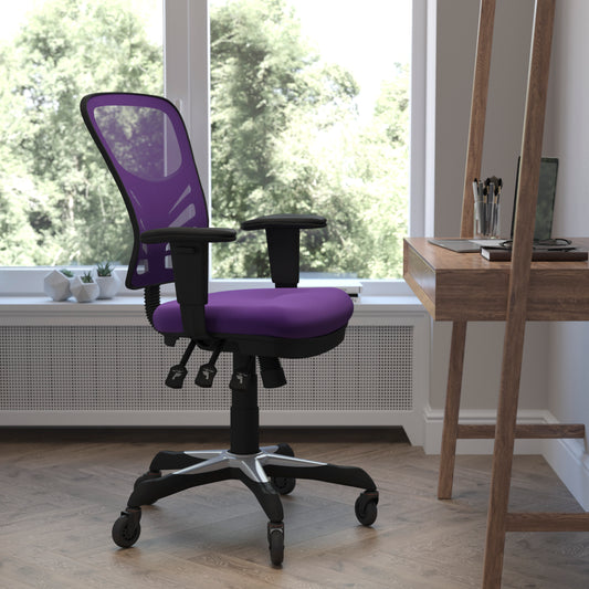 Nicholas Mid-Back Purple Mesh Multifunction Executive Swivel Ergonomic Office Chair with Adjustable Arms and Transparent Roller Wheels Purple/Black Frame HL-0001-PUR-RLB-GG