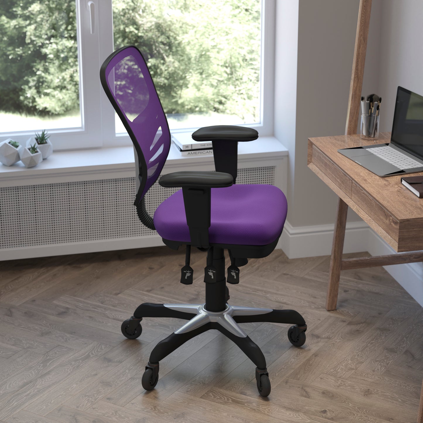 Nicholas Mid-Back Purple Mesh Multifunction Executive Swivel Ergonomic Office Chair with Adjustable Arms and Transparent Roller Wheels Purple/Black Frame